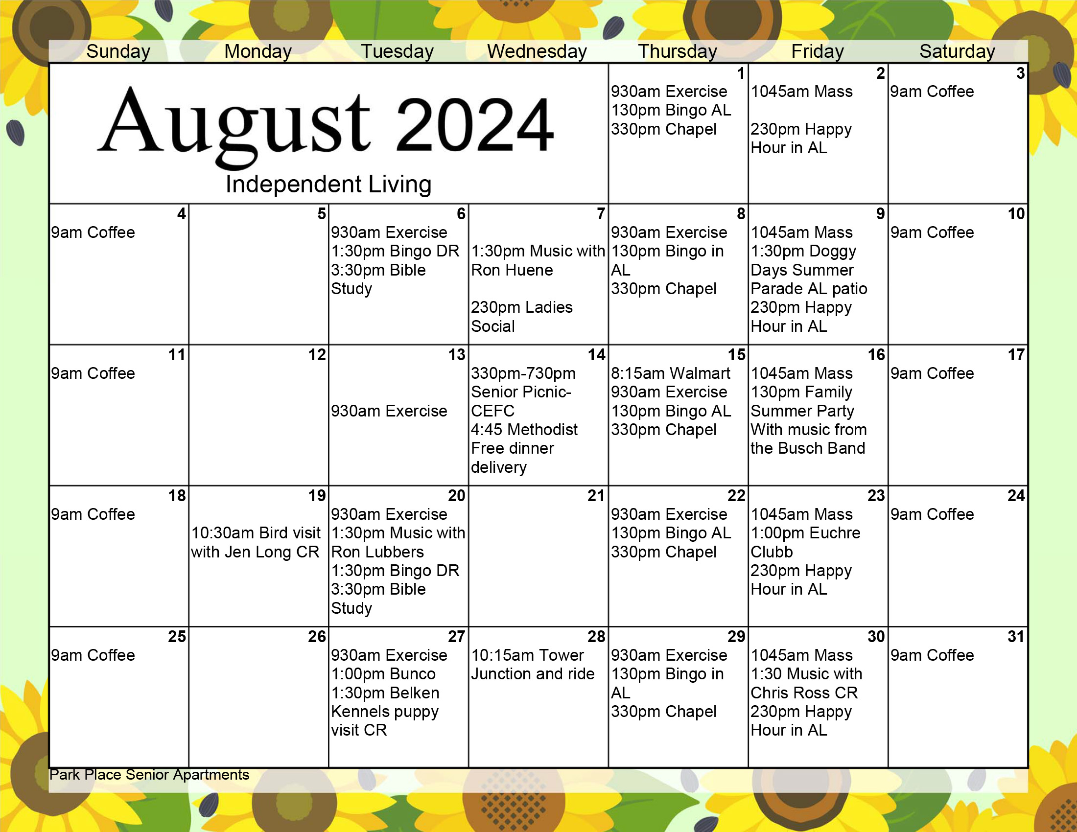 August calendar for Park Place Senior Apartments