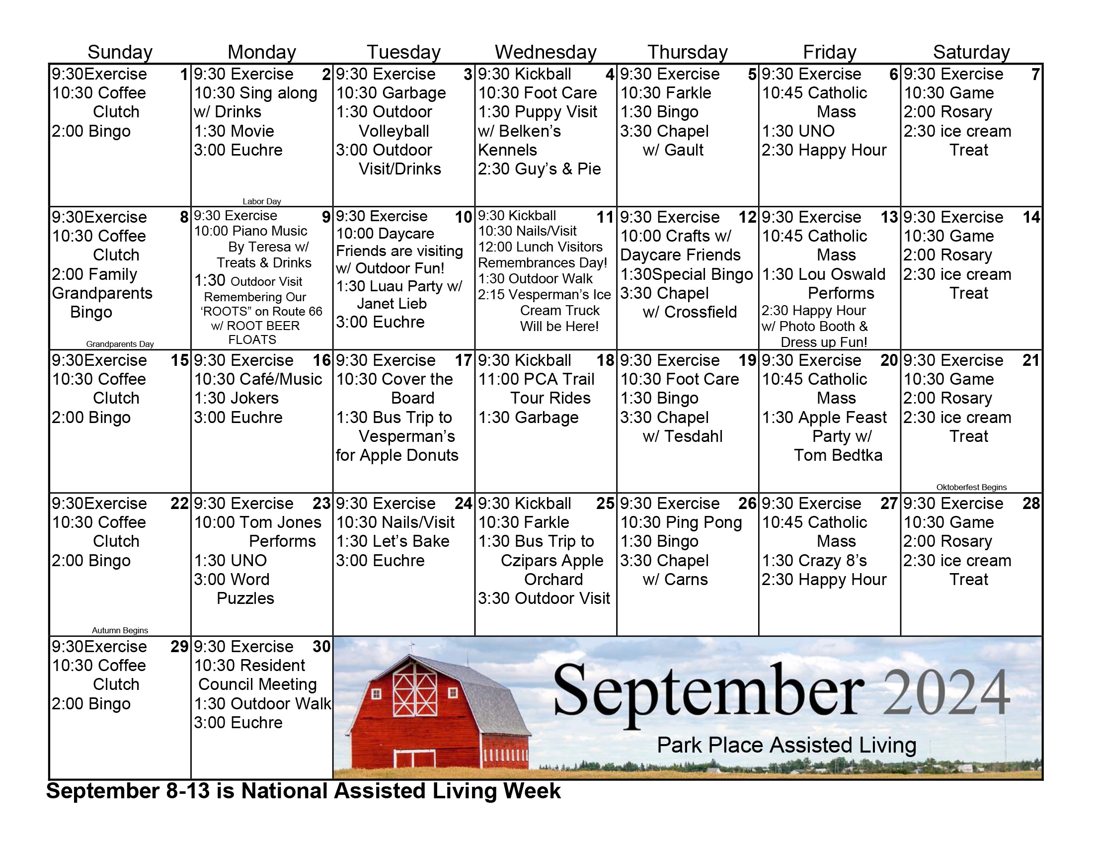 Park Place Assisted Living September calendar