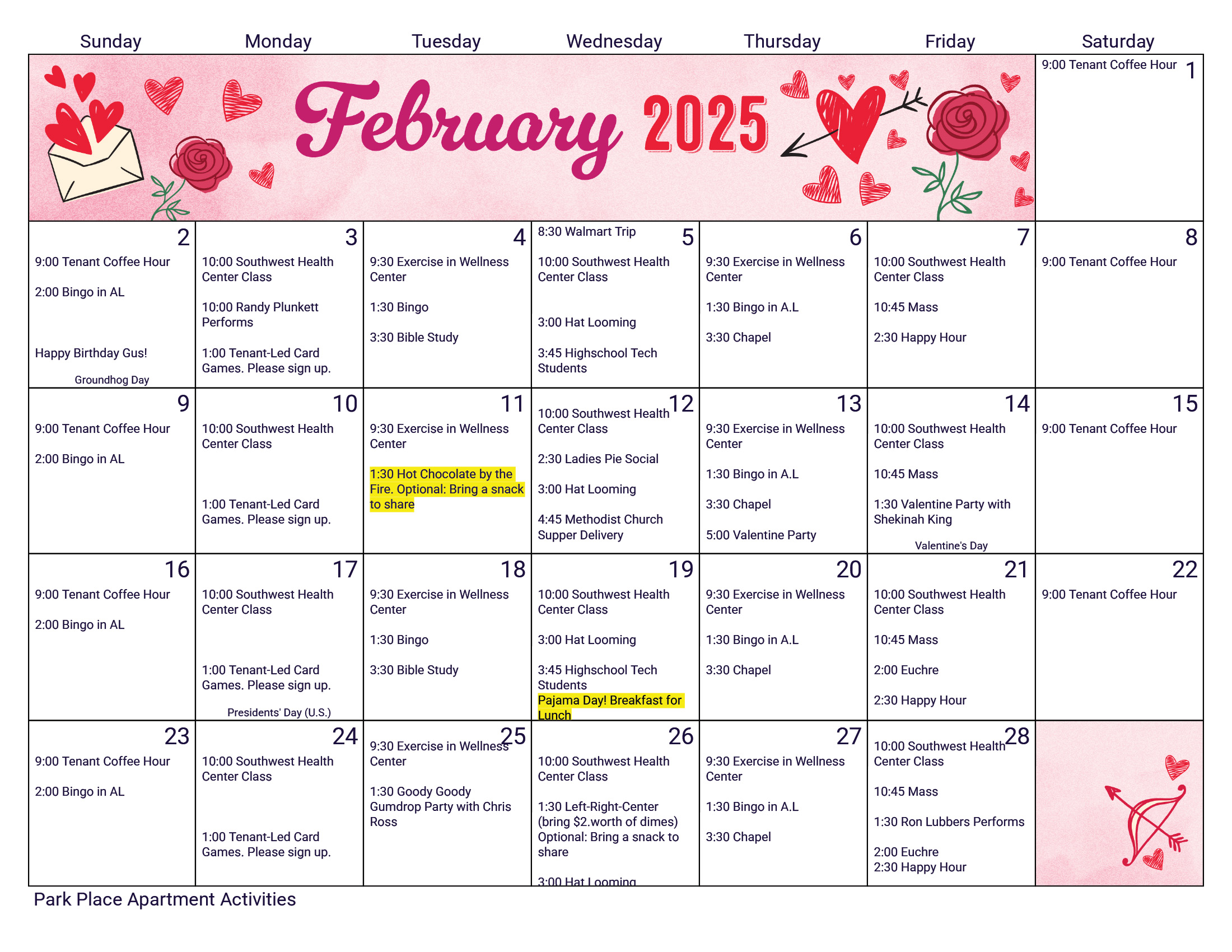 Park Place Apartments February calendar