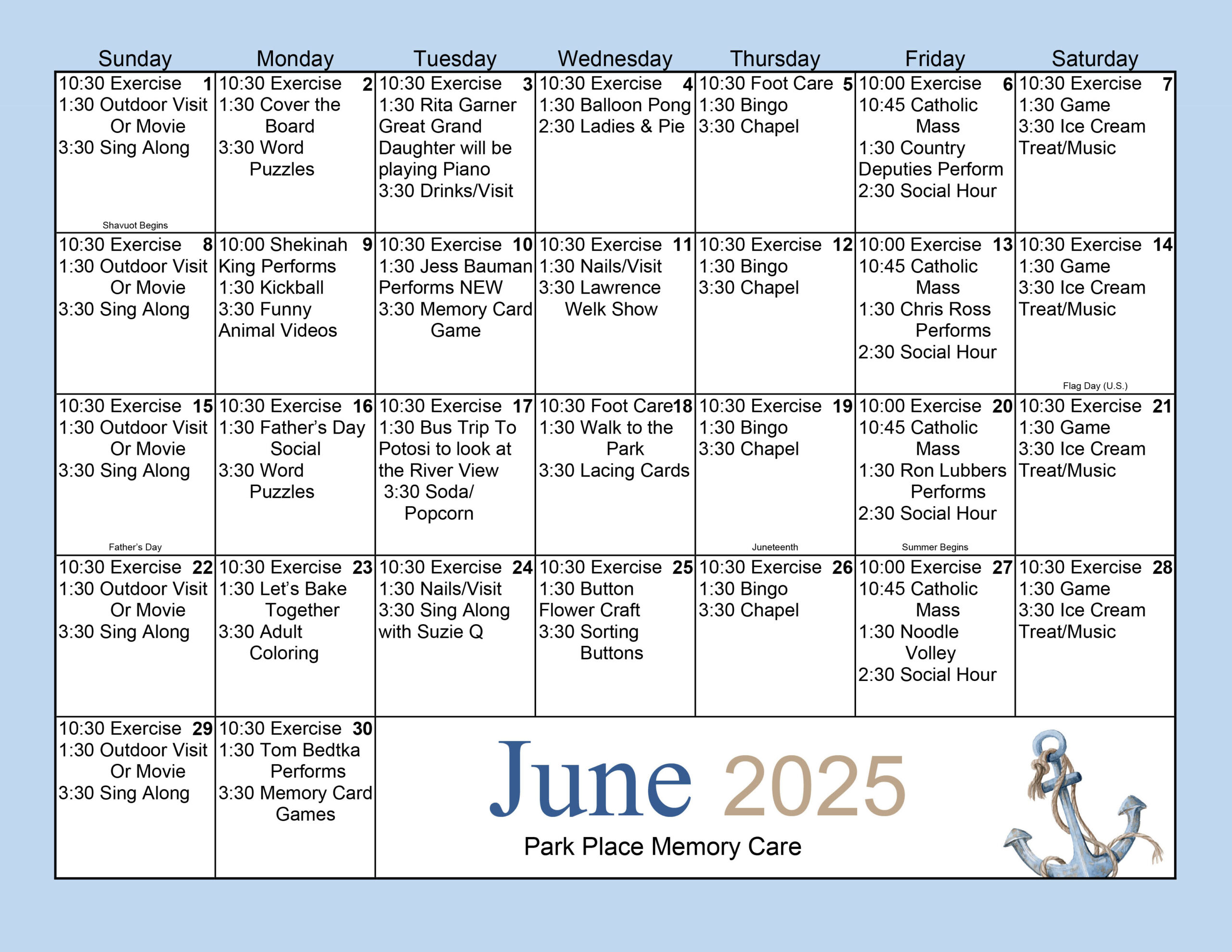 Park Place Memory Care June 2025 calendar