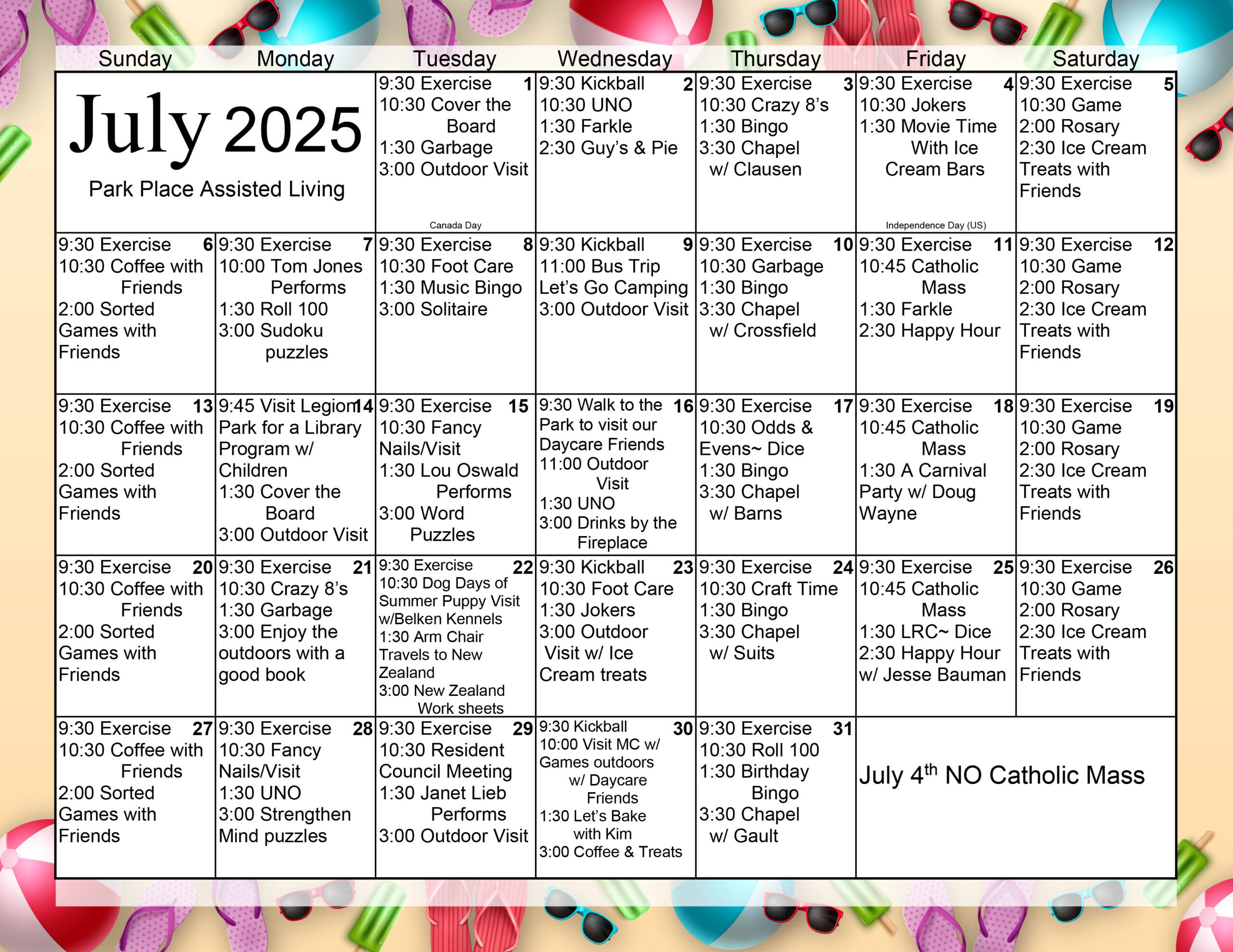 Park Place Assisted Living July 2025 calendar