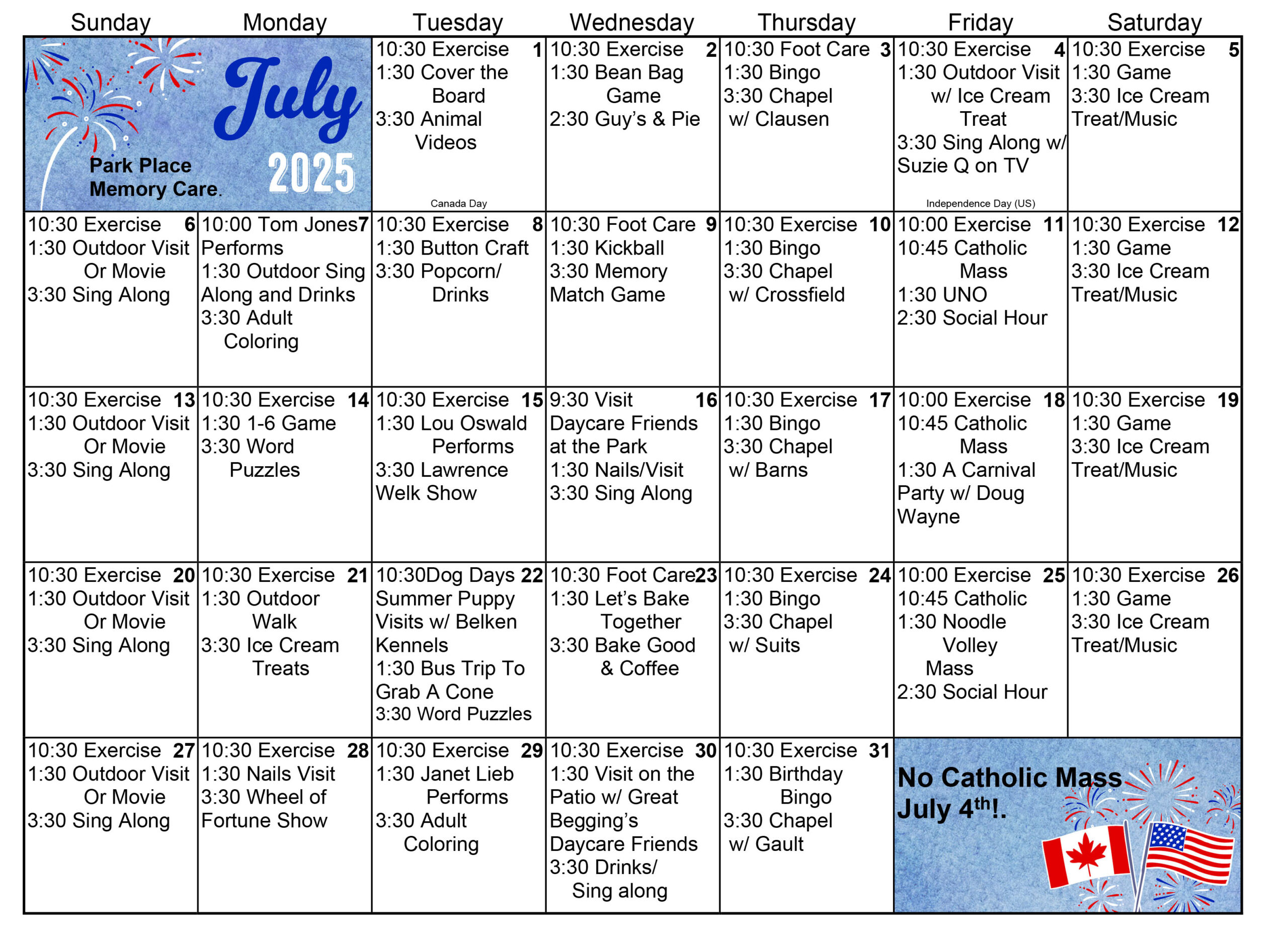 Park Place Memory Care July 2025 calendar