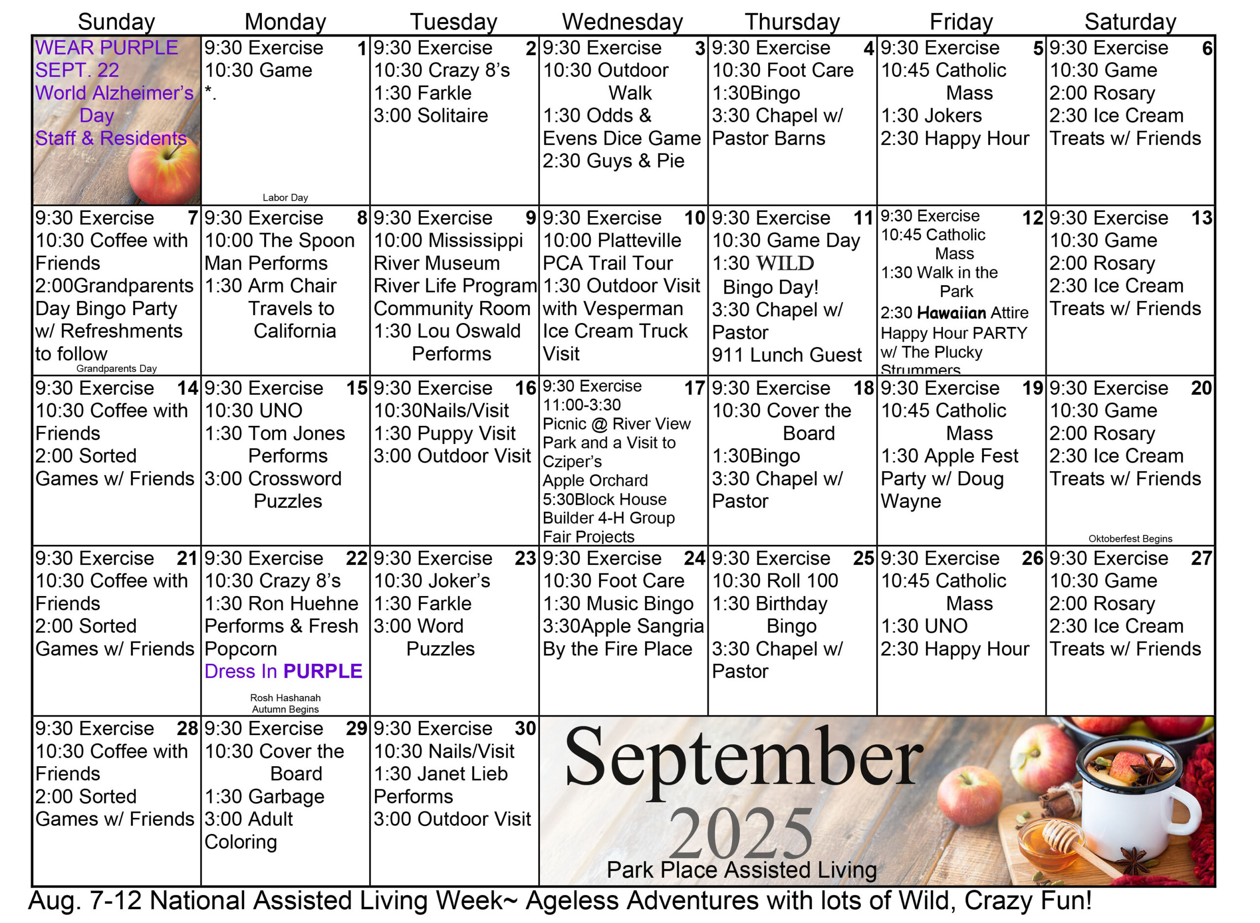 Park Place Assisted Living September 2025 calendar