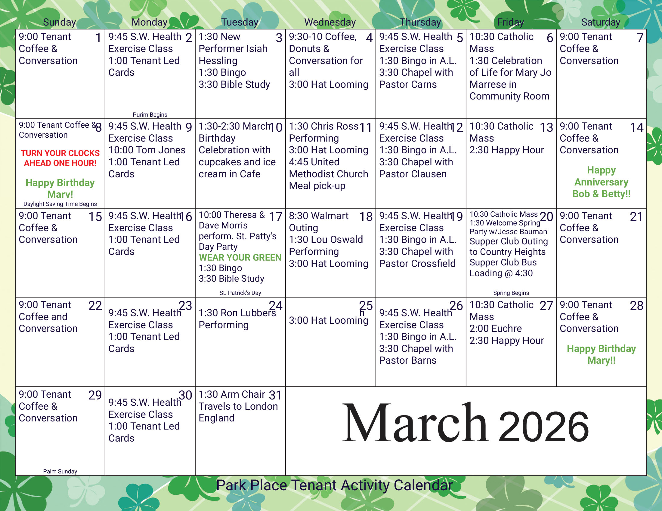 Park Place Apartments March 2026 calendar
