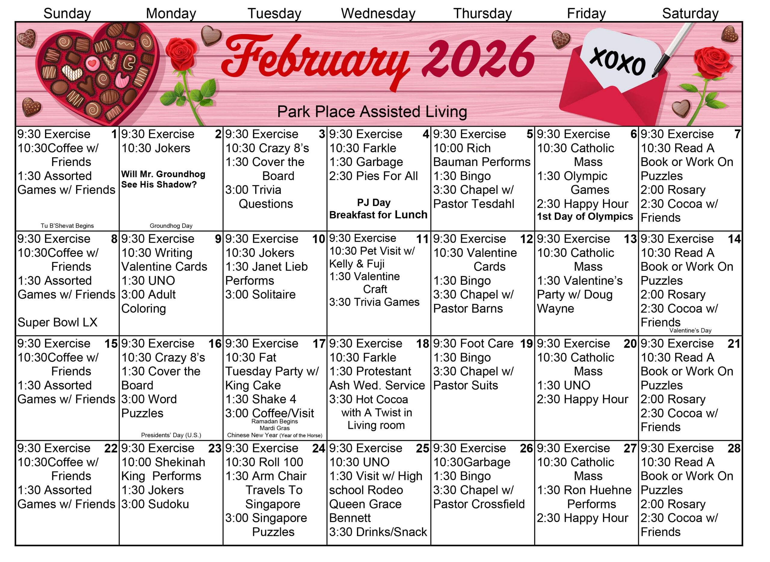 Park Place Assisted Living February 2026 calendar