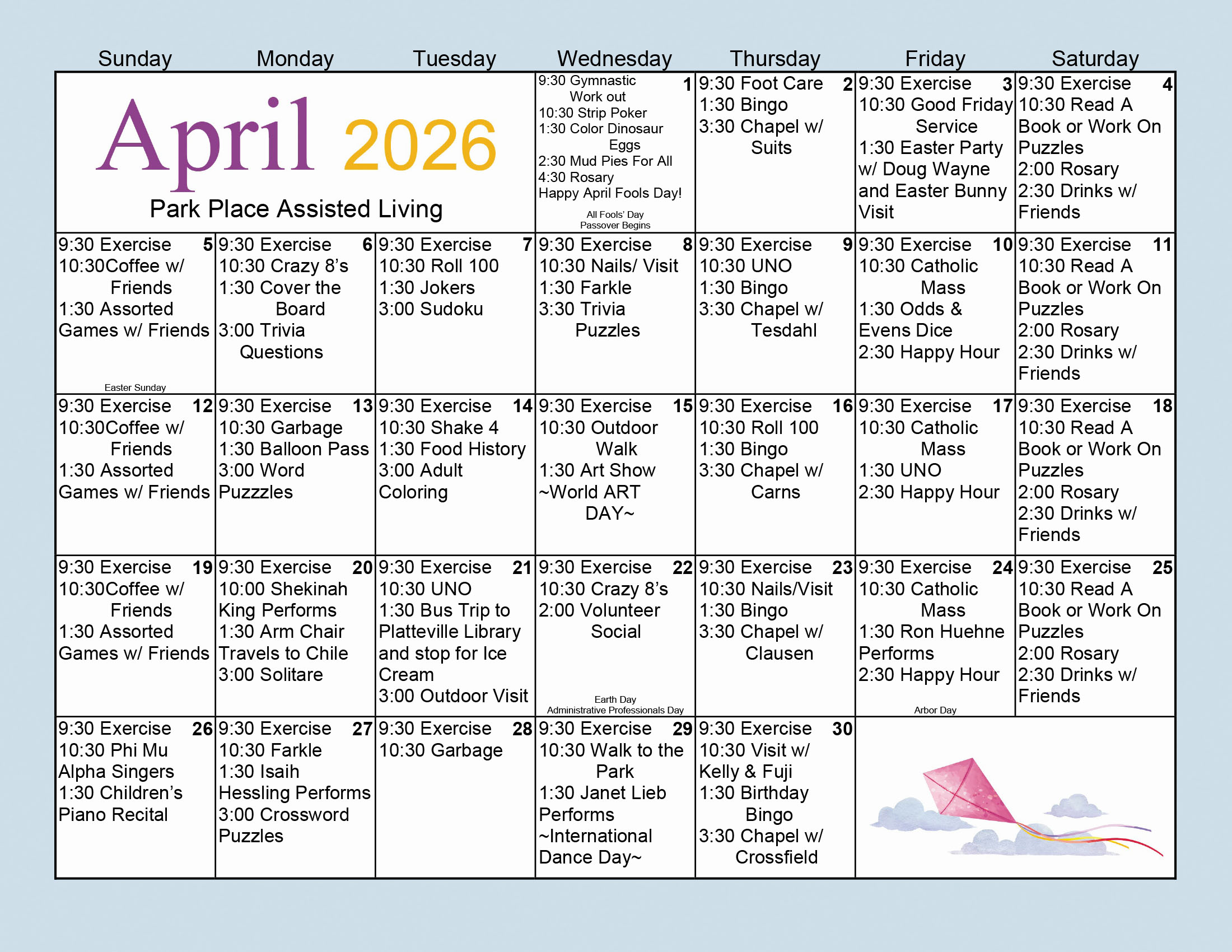 Park Place Assisted Living April 2026 calendar
