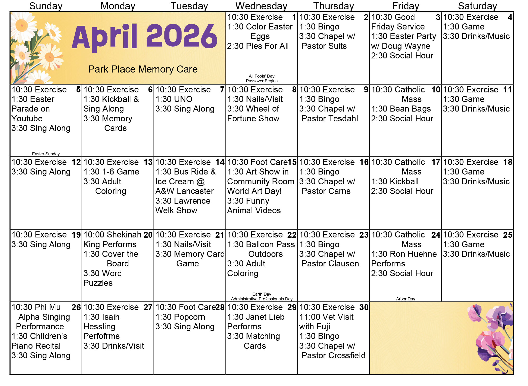 Park Place Memory Care April 2026 calendar