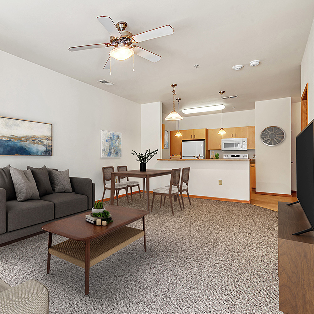 Park Place spacious living room leads to kitchen
