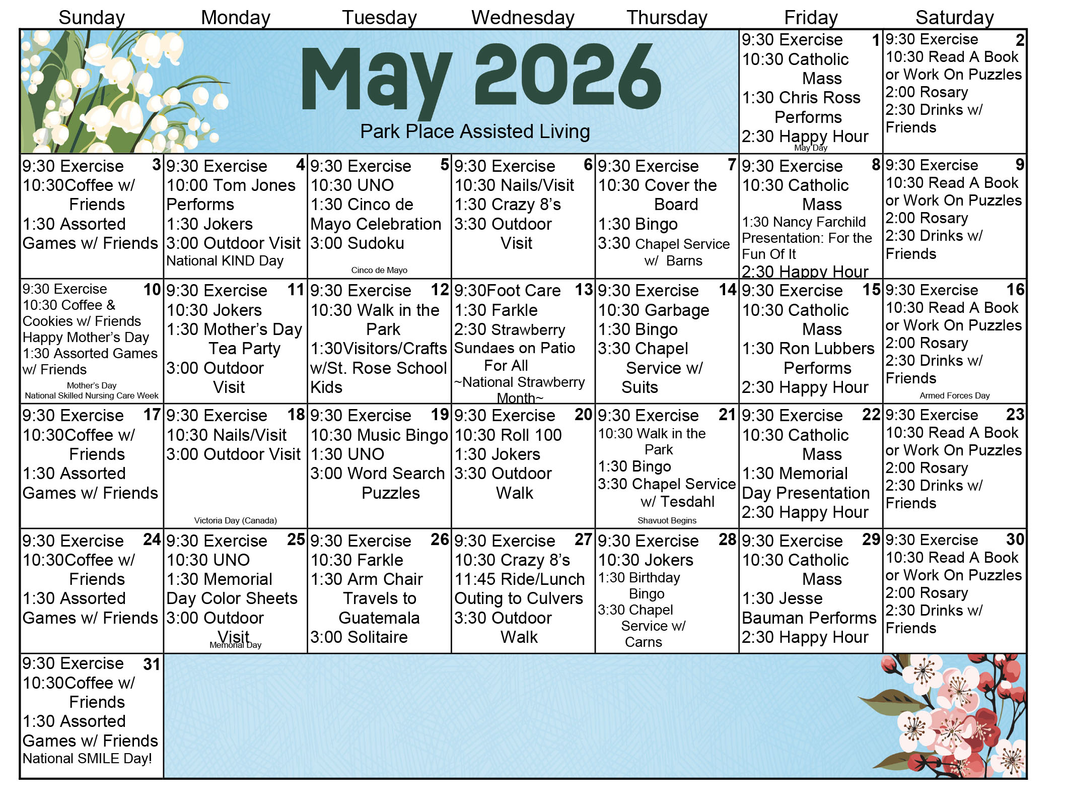 Park Place Assisted Living May 2026 calendar