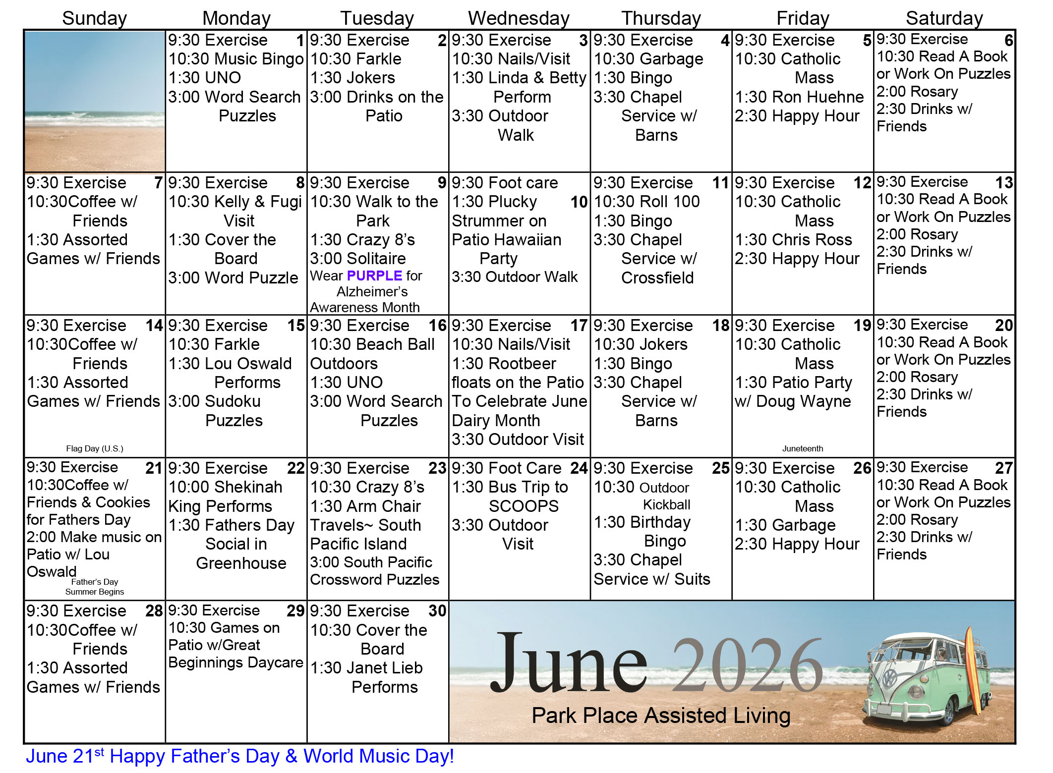 Park Place Assisted Living June 2026 calendar
