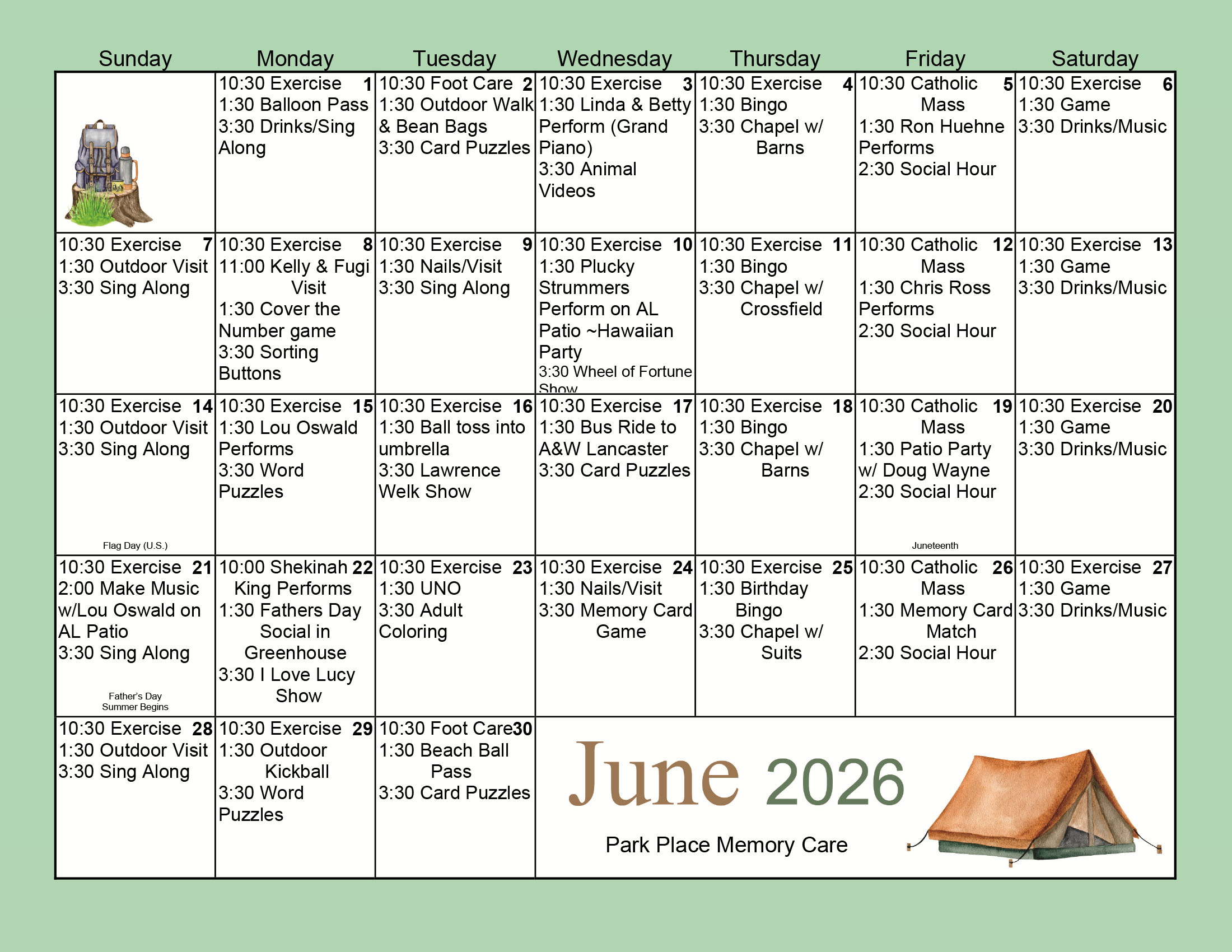 Park Place Memory Care June 2026 calendar