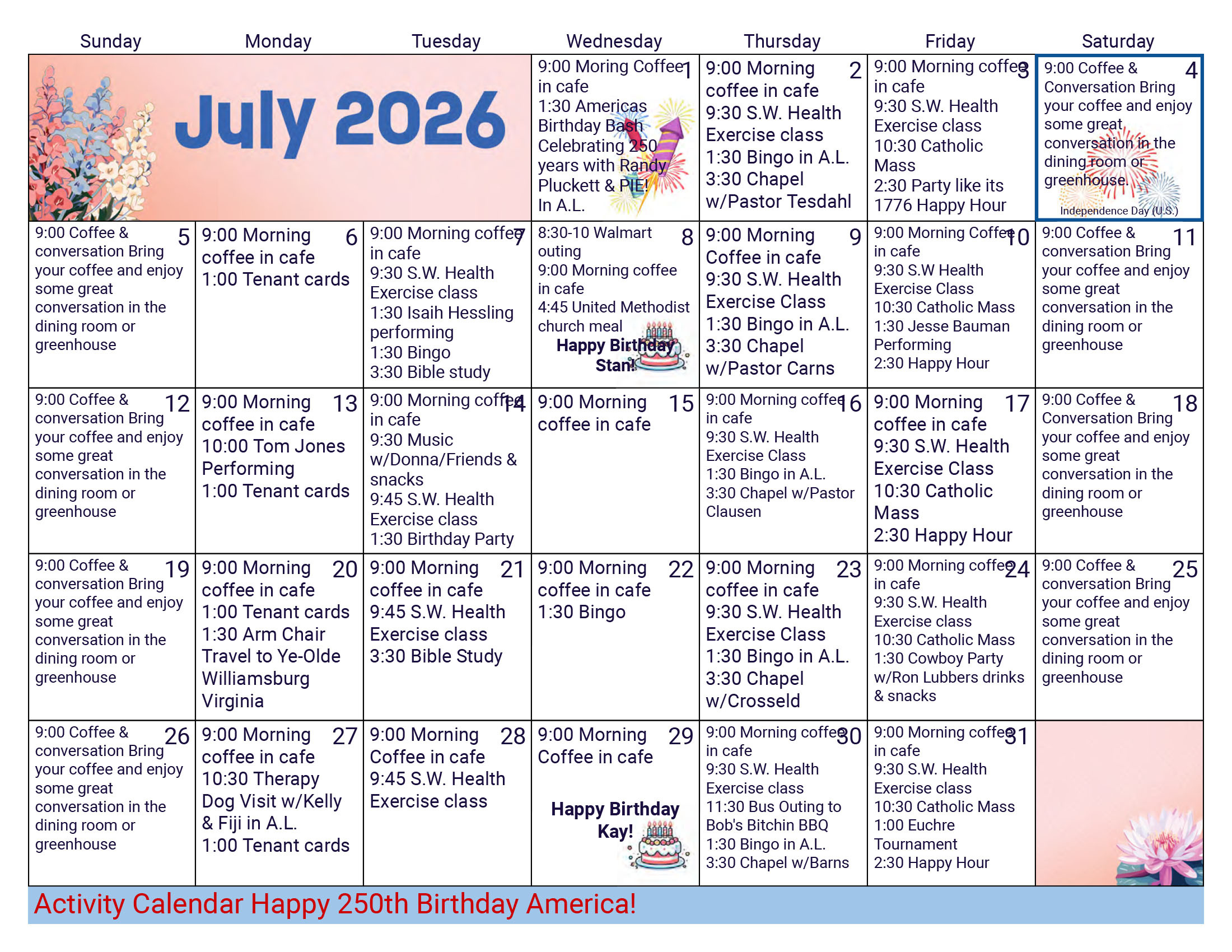 Park Place Apartments July 2026 calendar