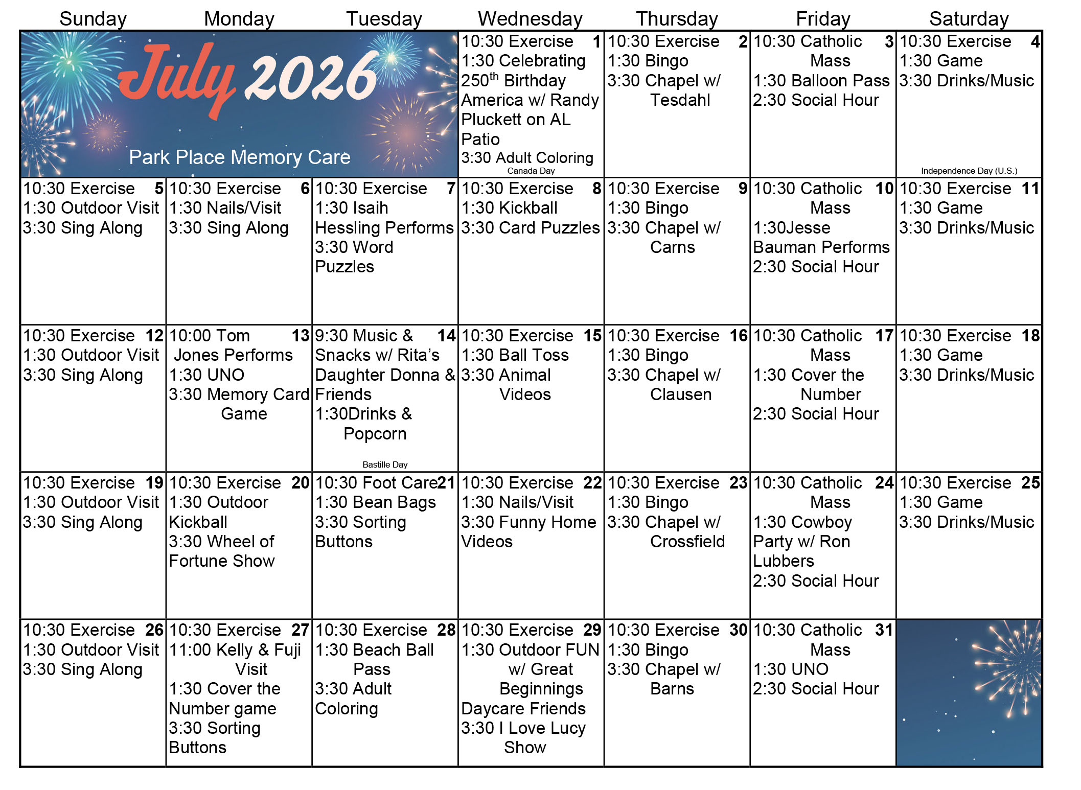 Park Place Memory Care July 2026 calendar