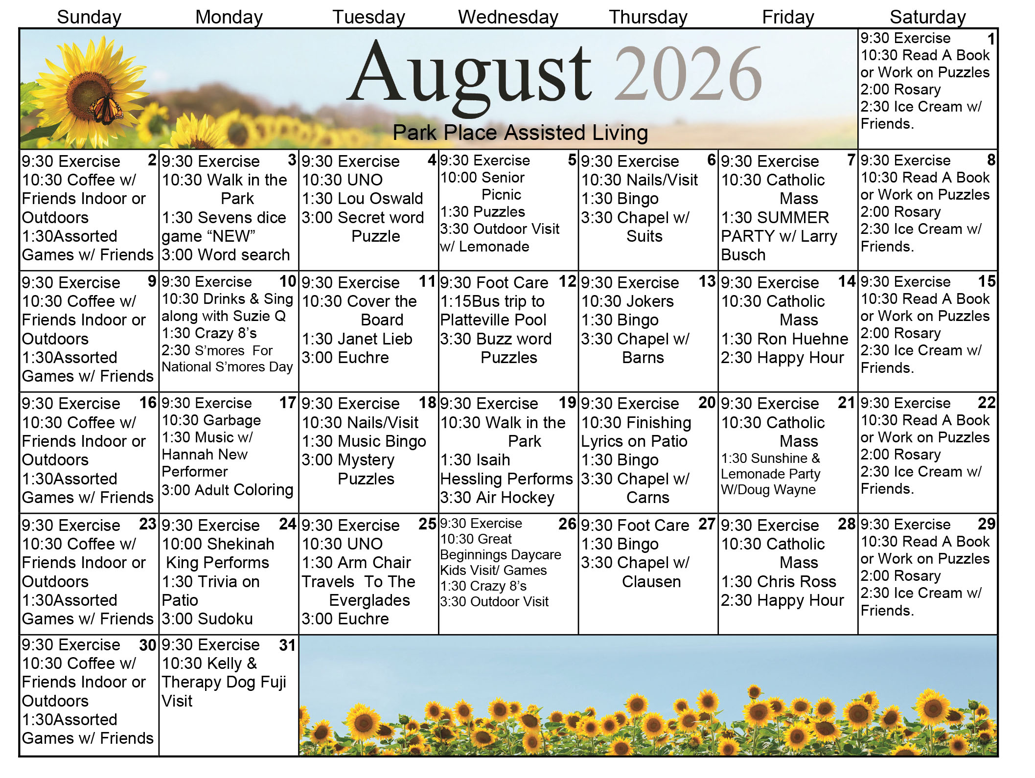 Park Place Assisted Living August 2026 calendar