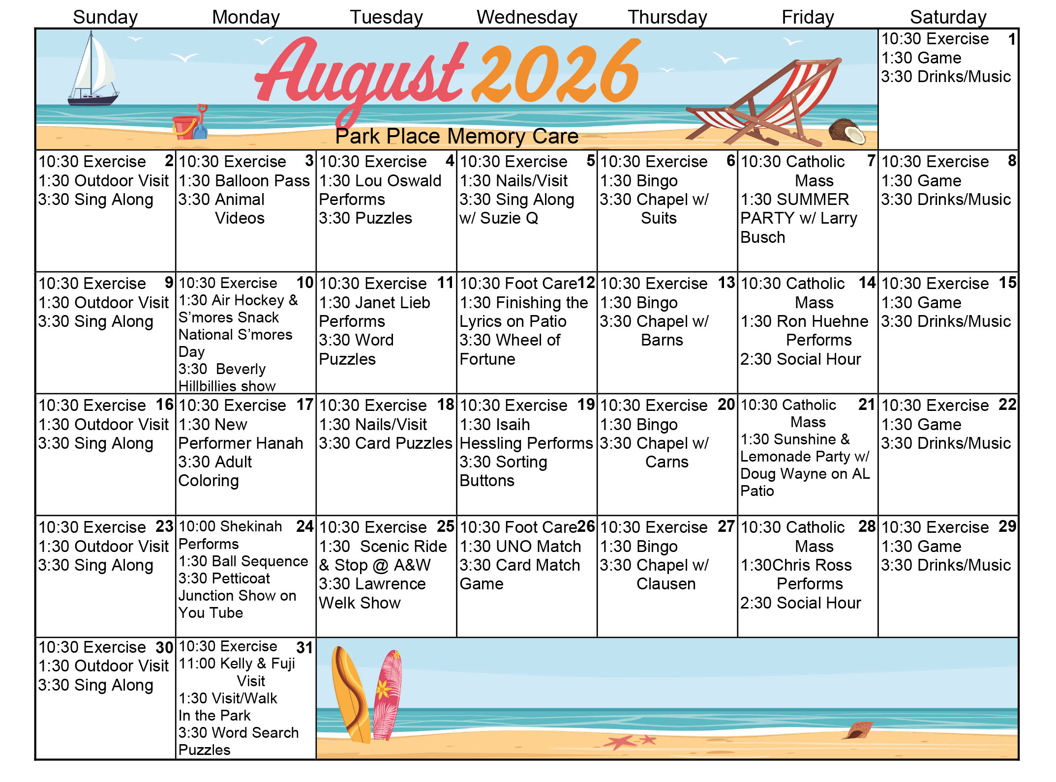 Park Place Memory Care August 2026 calendar