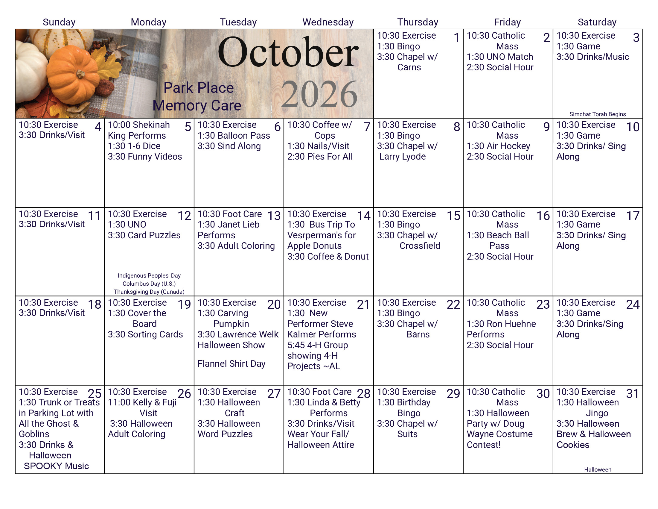 Park Place Memory Care October 2026 calendar